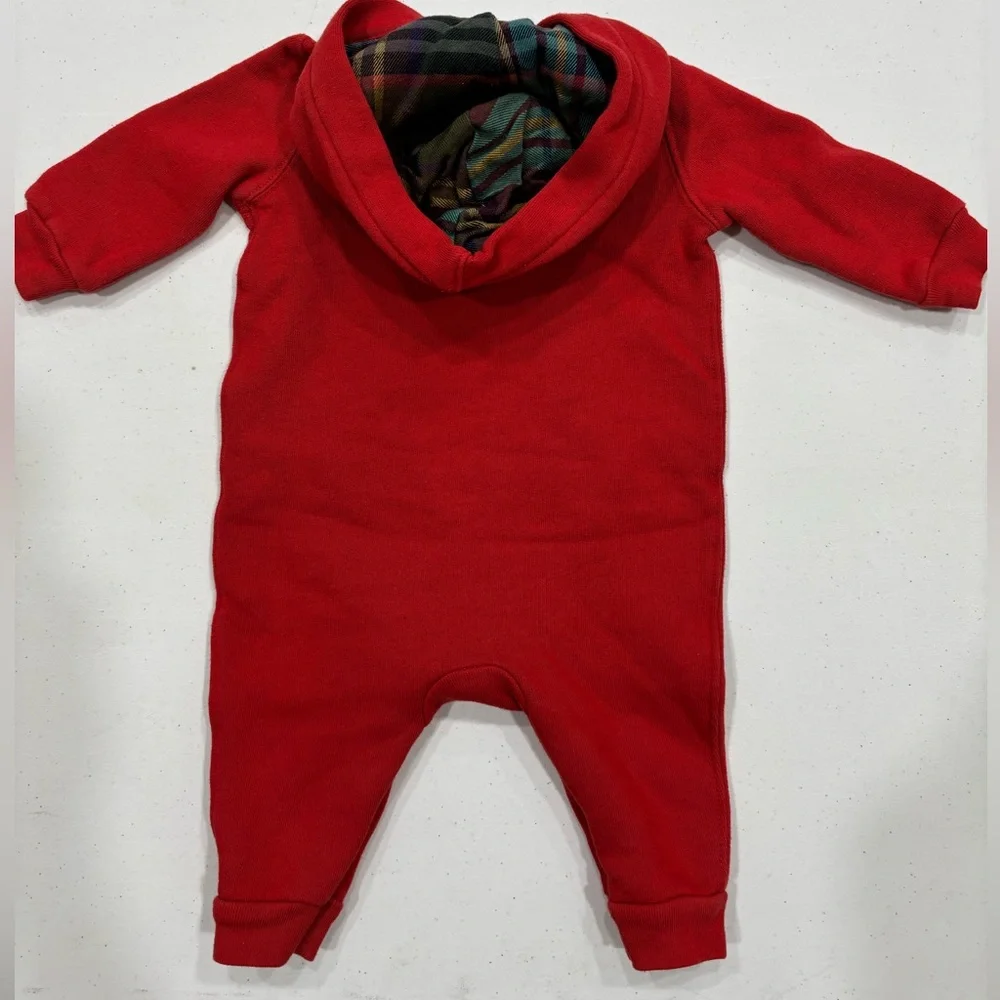 Ralph Lauren Red Holiday Baby Fleece Onesie Plaid Hoodie, 6 Months